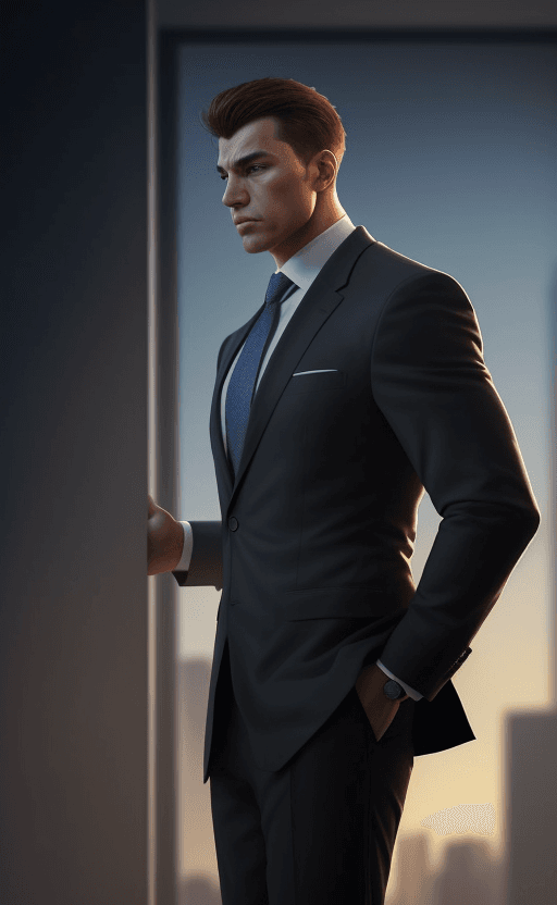 AI generated: (editorial photo:1. 2), (side view), professional photo of a confident businessman, normal physique,...