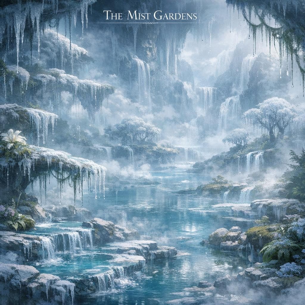 AI generated: Create a unique environment/Biome of a Ice Rivers/Lakes→ The Mist Gardens (thick humidity, water for...