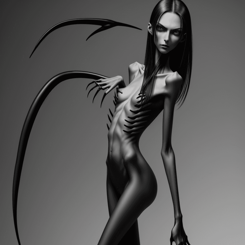 AI generated: photo of face an extremely skinny, flat-chested model with long black curved fingernails, claws, ver...