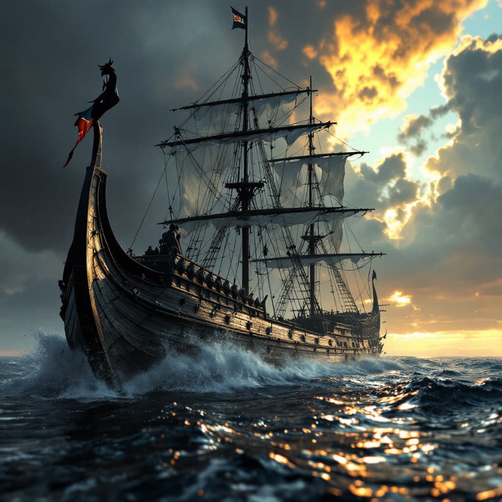 AI generated: Photo of a ultra realistic Viking longship, dramatic light, lighting storm, pale sunrise, cinematic ...