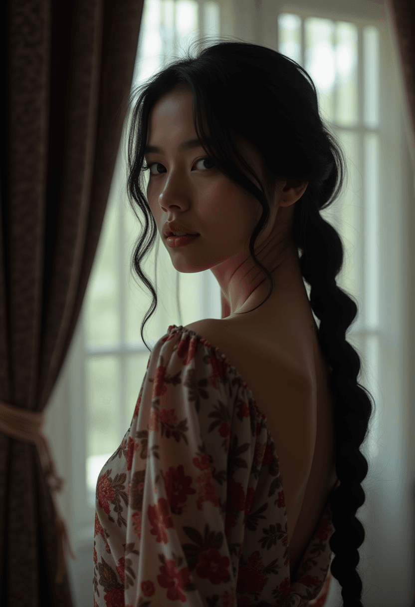AI generated: photograph of a (western european:0.5) (asian:0.5) woman, black hair, dark eyes, full lips, Dutch br...