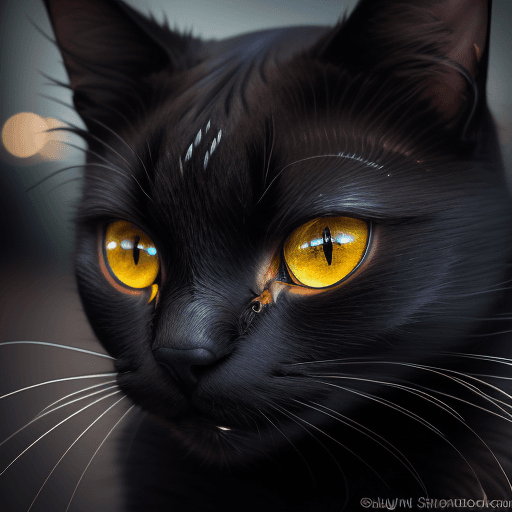 AI generated: Portrait photo of black cat with fill of lightening colors, fierce eyes, light bokeh, intricate, (st...