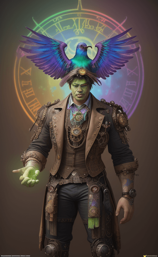 AI generated: (colorful bird posing steampunk hulk with extreme glowing rainbow colors:1. 8), (Sigma 85mm f/1.4:0....