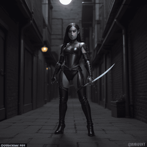 AI generated: Female Halfling Thief, Shadow Dancer. Commandingly displayed in a moonlit alleyway. Positioned at th...