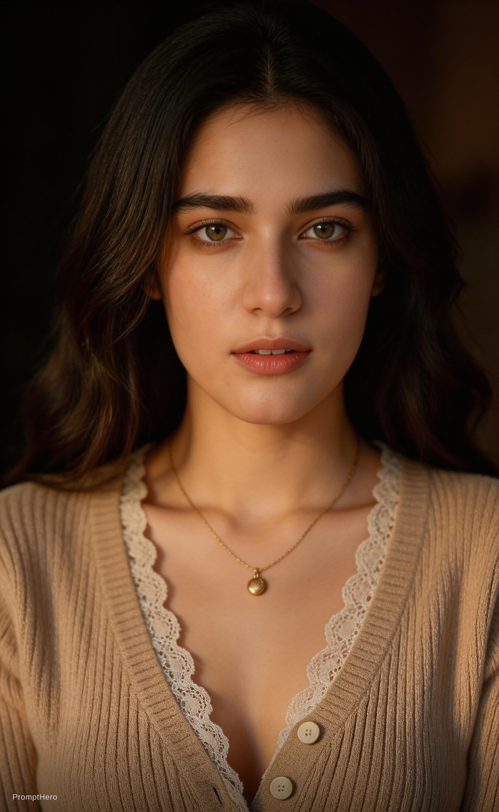 AI generated: A photorealistic close-up portrait of an adult woman in a dimly lit, moody studio setting, captured ...