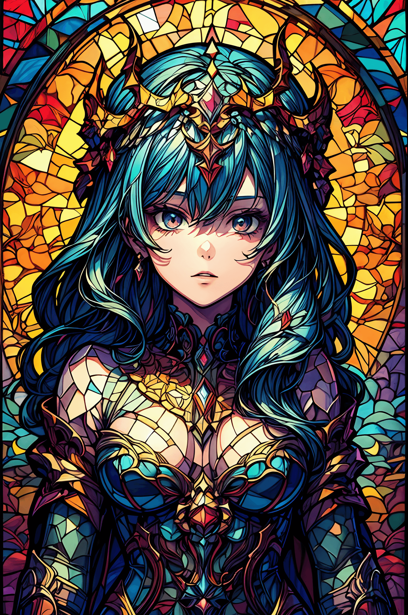 AI generated: stained glass art of goddess, mosaic-stained glass art, stained-glass illustration, close up, portra...