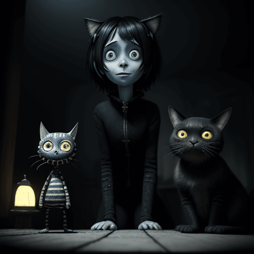 AI generated: Photo of a ultra realistic coraline from Coraline, dramatic light, with the cat from Coraline , and ...