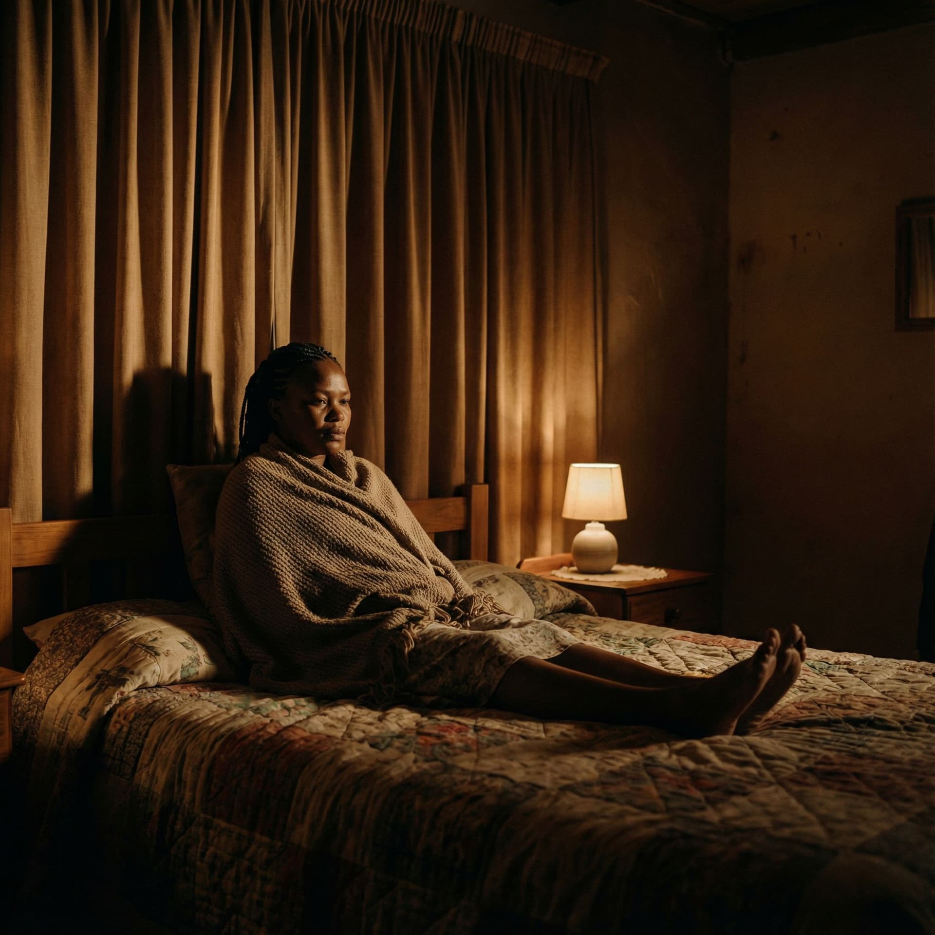 AI generated: a african women with 35 years on the bed with dark shadows and a cinematic image