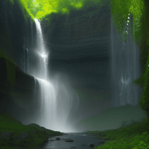 AI generated: A beautiful waterfall in nature, symmetrical balance 