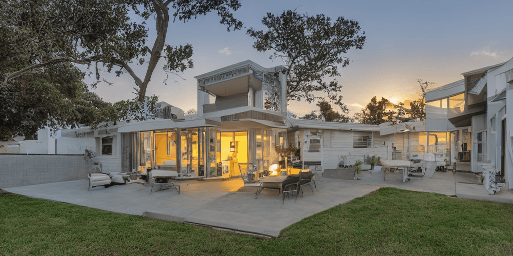 AI generated: Low angle, dolly shot, hyper realistic, exterior photo of a mid century modern style house overlooki...