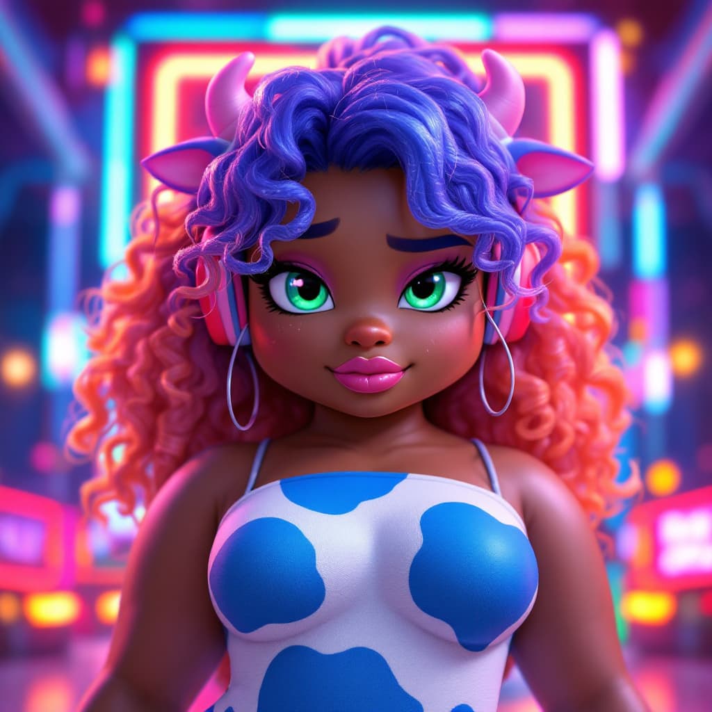 AI generated: curvy, Dark skin, dark skin anime girl, blue cow print, blue thick cow tail,  blue cow ears, 30s, CH...