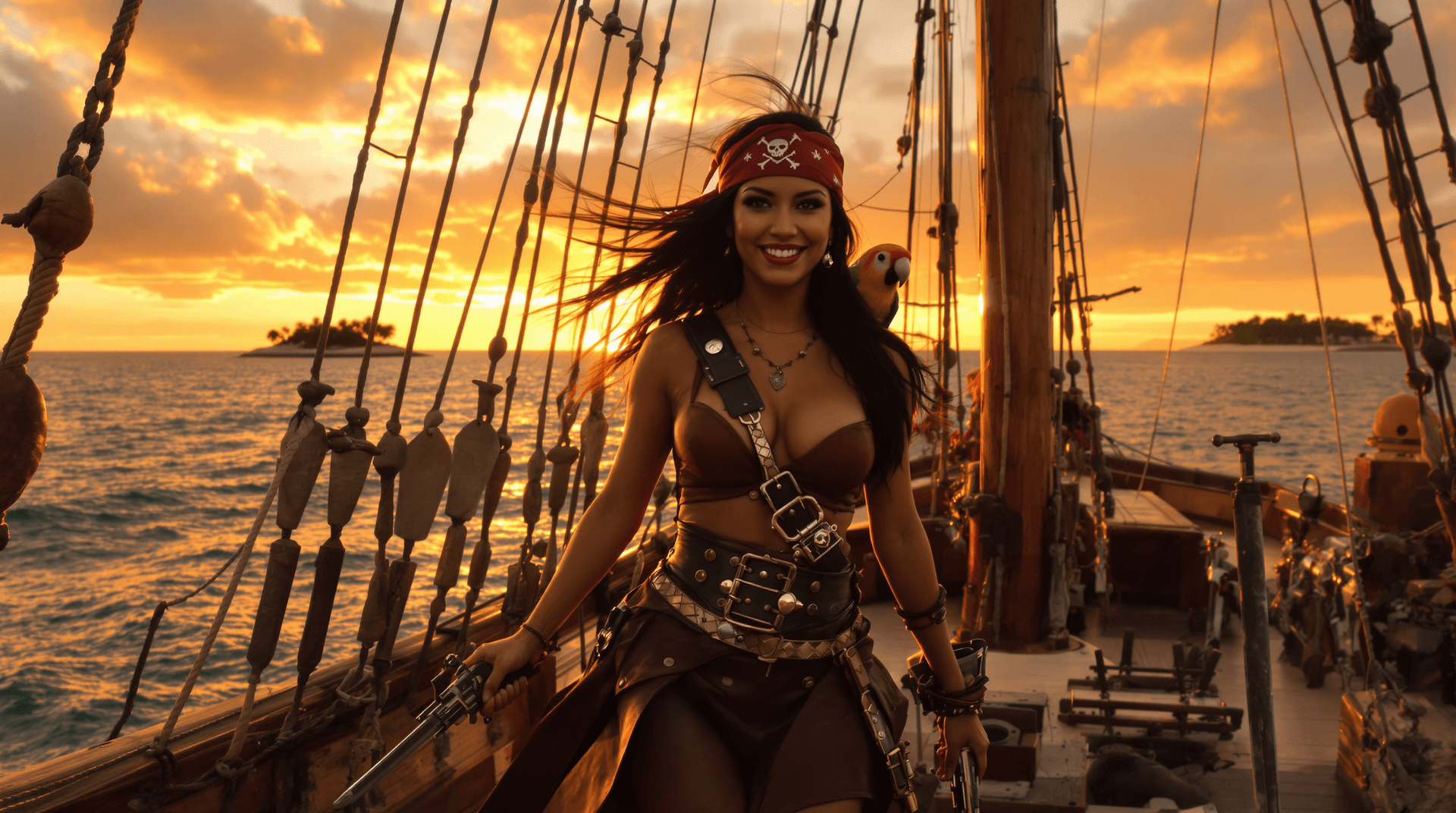 AI generated: A black-haired female pirate with a flirty smile strides confidently across the helm deck, her leath...