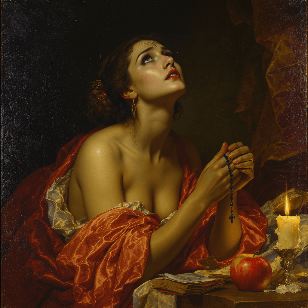 AI generated: baroque oil painting of a seductive woman torn between faith and lust, wearing a slipping silk robe,...