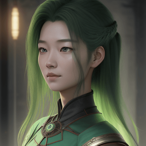 AI generated: wissenschaftler, asiatisch, zukunft, verrückt, dunkelgrüne haare, 8k, fantasy, sci-fi,