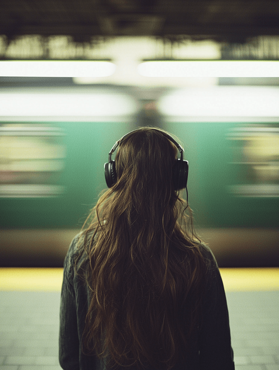 AI generated: A photograph of an unattractive woman standing in front of a subway station, wearing headphones and ...
