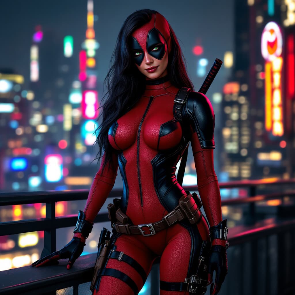 AI generated: Create a striking female Deadpool with a confident, alluring presence. She has a lithe, athletic bui...