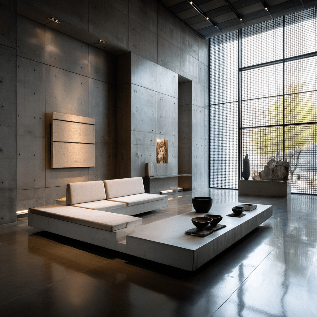 AI generated: photography, minimalist style, interior design in a modern space, strongly minimalist with brutalist...