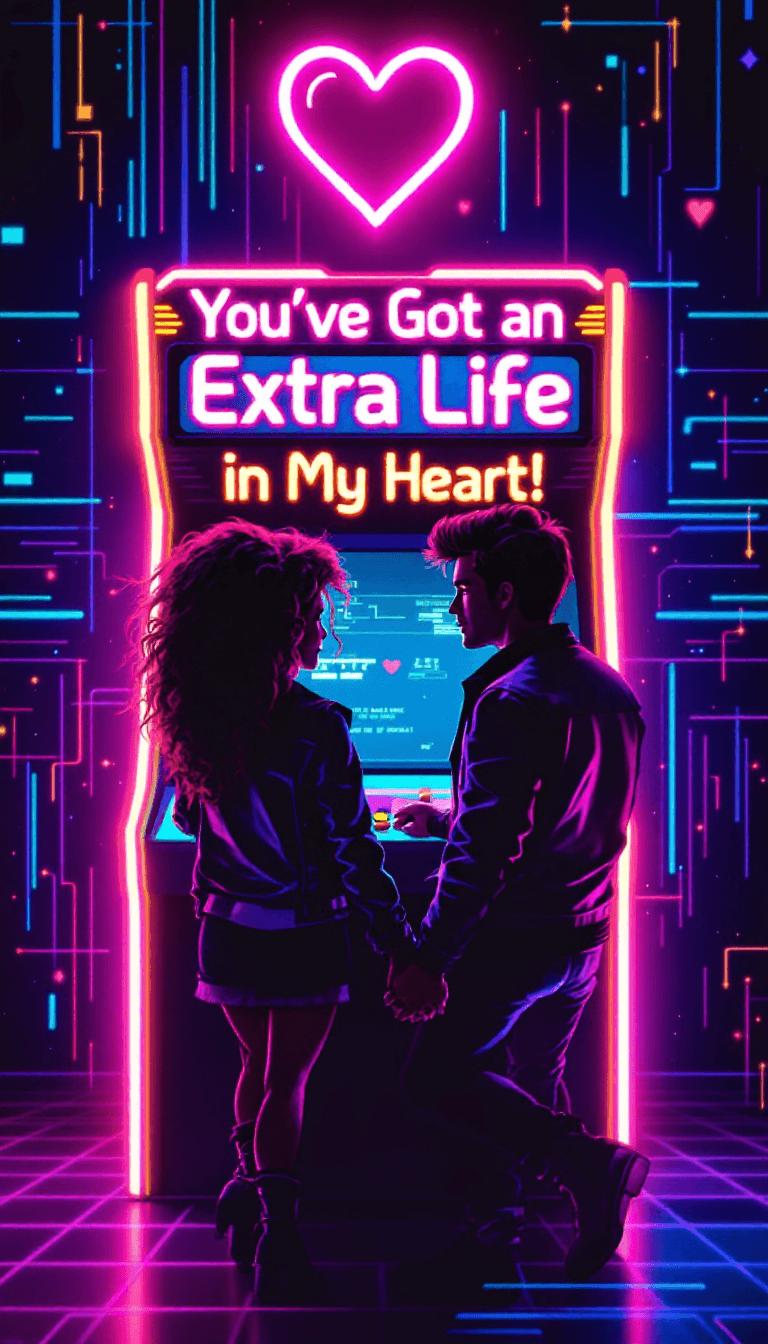 AI generated: A neon-soaked 1980s Valentine’s Day card with a retro-futuristic arcade aesthetic. A glowing pixel-a...