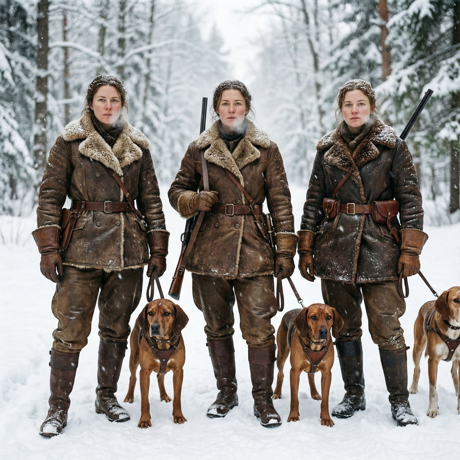 AI generated: 3 Dominante  Jägerinnen ganz in Leder, Lederbrechess, auf der Jagd gerinnen ganz in Leder, tiefer Wi...