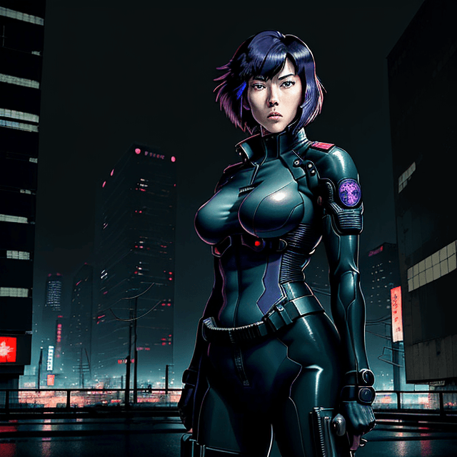 AI generated: A powerful woman officer, Major Motoko Kusanagi, standing confidently against a background of a dyst...