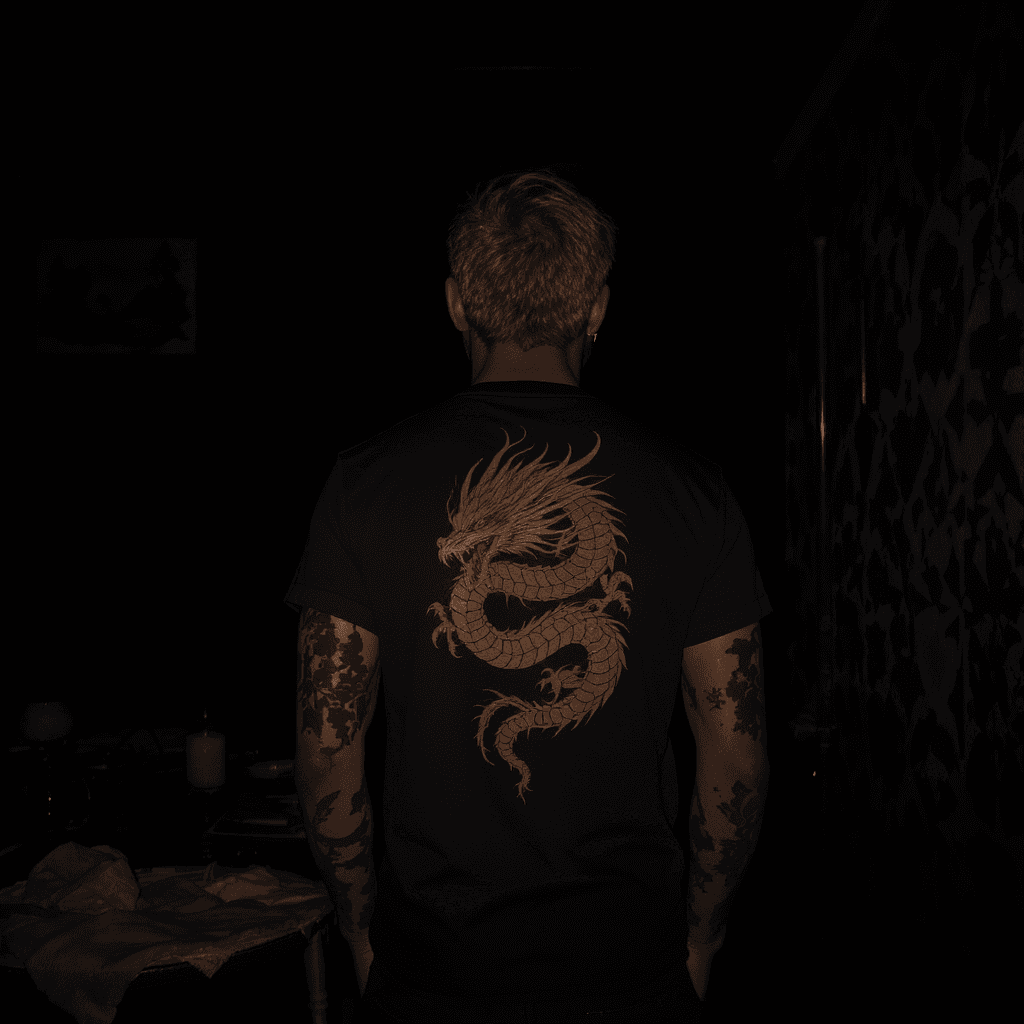 AI generated: a man with a dragon tattoo standing in the dark room