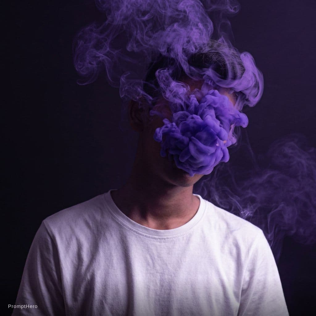 AI generated: photography, unknown gender figure, vibrant deep purple color smoke around head, physical form of ac...