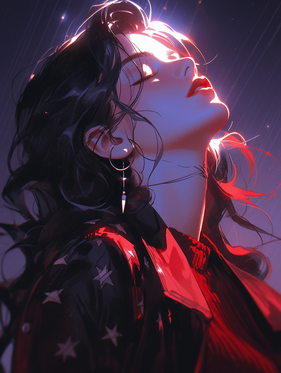 AI generated: a gorgerous girl with delicate features, looked up at the azure sky and left a tear behind, profound...
