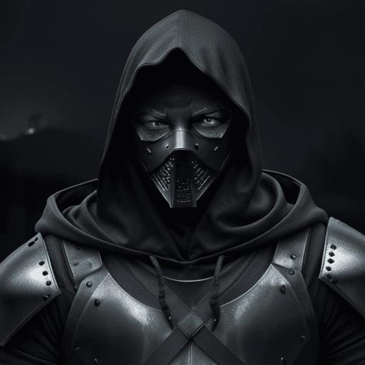 AI generated: masked man, dark torn hood, dark rainy foggy night, intricate dark and chrome damaged armor, smoke a...
