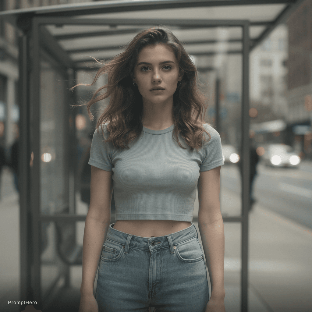 AI generated: a woman wearing a cropped top and jeans standing in front of the bus stop, in the style of Oleg Opri...
