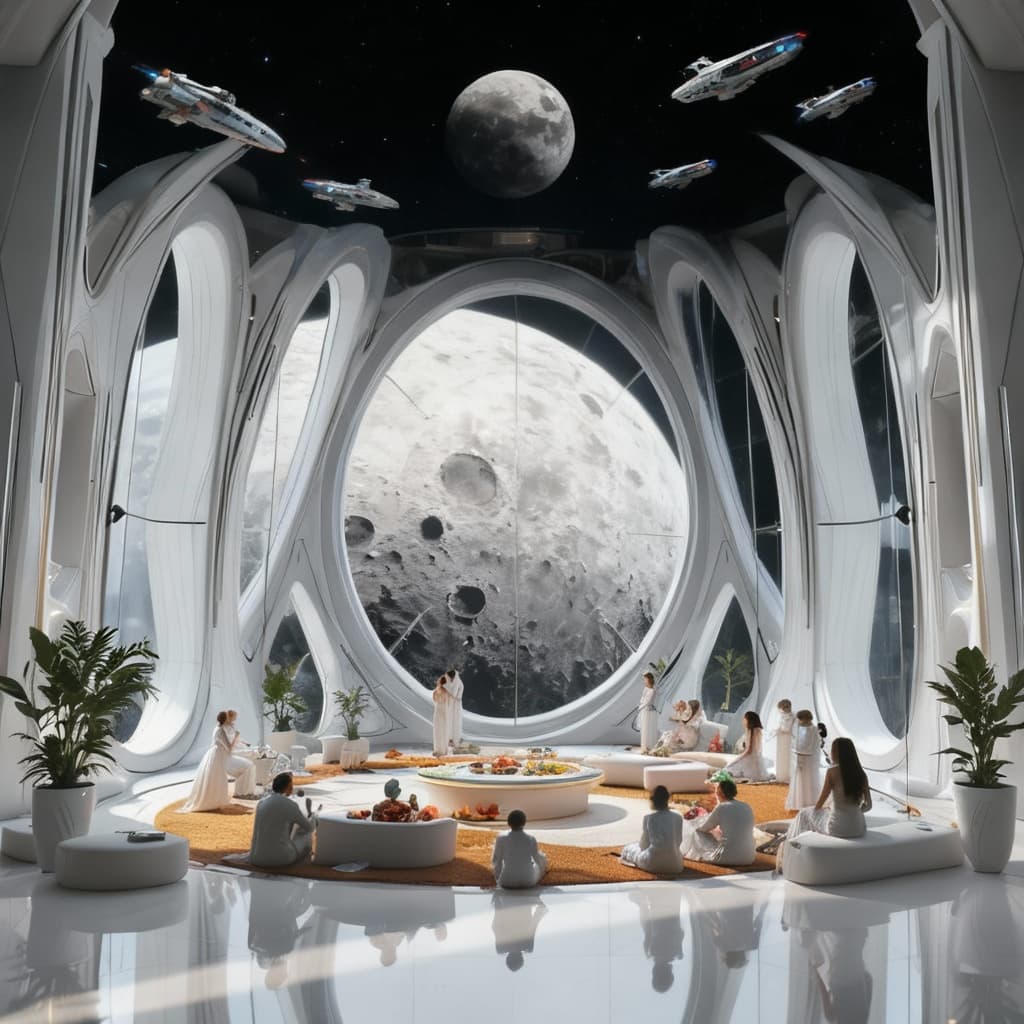 AI generated: Prepare the feast for the Gathering of Alien Cultures. The inner atrium of the finest Halls. Use the...