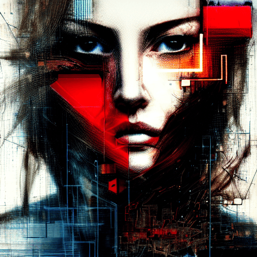 AI generated: hyperrealistic portrait of a determined woman with long hair, gritty, cybernetics, digital ui, abstr...