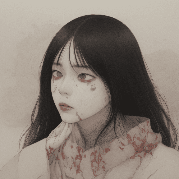 AI generated: a single Woman crying blood, artwork by Takato Yamamoto and Chika Yamada, minimalistic, face barely ...