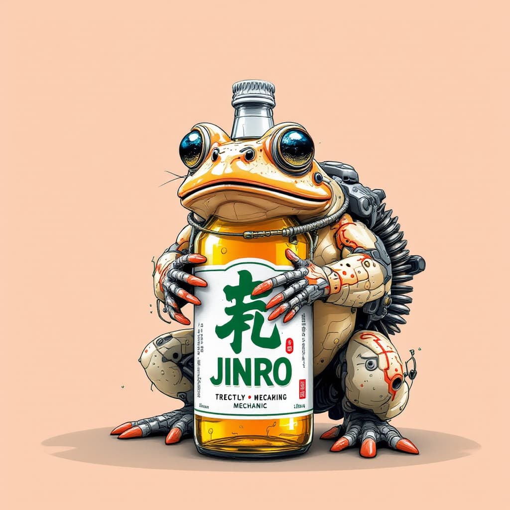 AI generated: Combine the image of a toad and the image of a soju bottle and design it as a mechanic. The soju lab...