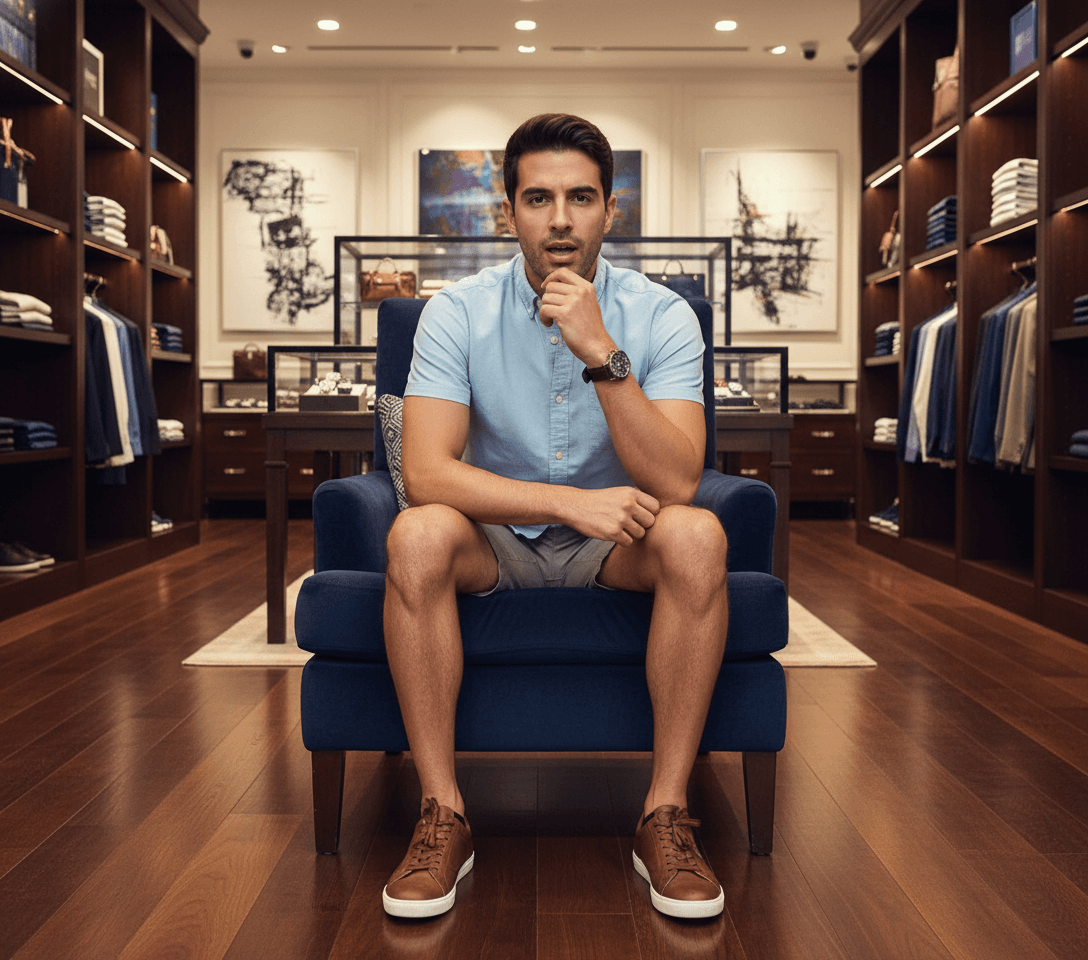 AI generated: At a very luxurious men's clothing store. The Hispanic male is slender, he is 5 feet tall, he is wea...