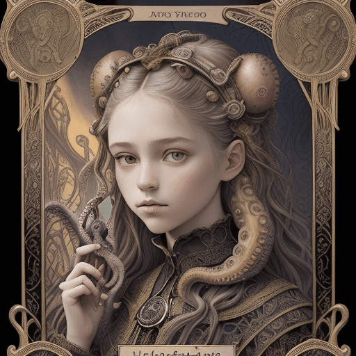 AI generated: tarot card with intricate detailed frame around the outside, portrait of a young girl head with an o...