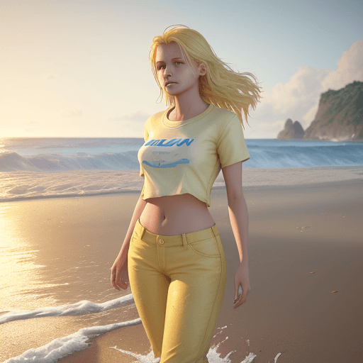 AI generated: A woman of age of 18, beautiful, woman is swimming in the sea, woman wears solid light yellow pants ...