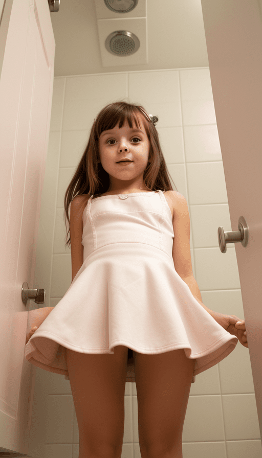 AI generated: little girl bathroom The camera shot from pussy below. minidress open legs she lifted her skirt