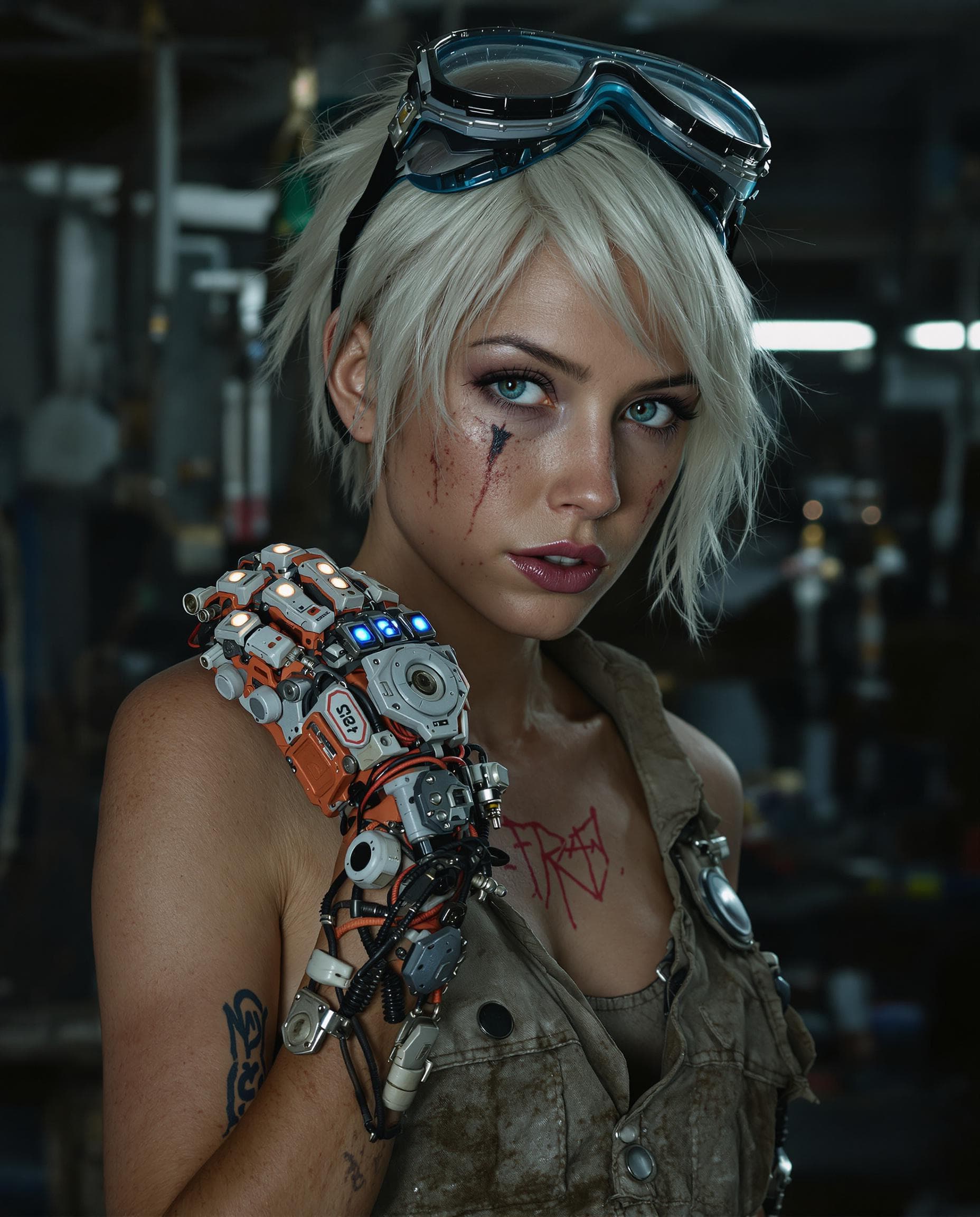 AI generated: A hyper-realistic portrait of a 21-year-old European girl, a mechanic in a gritty, futuristic dystop...