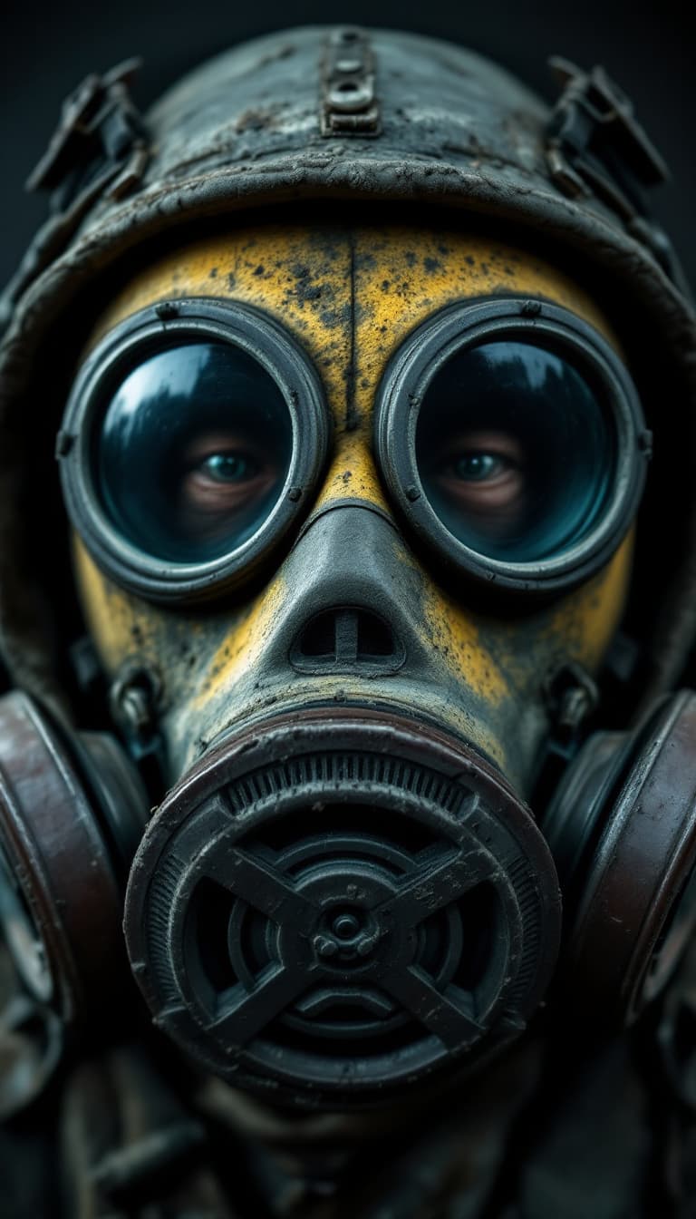 AI generated: A close-up shot of a Chernobyl liquidator's gas mask, filling the frame with gritty, realistic detai...