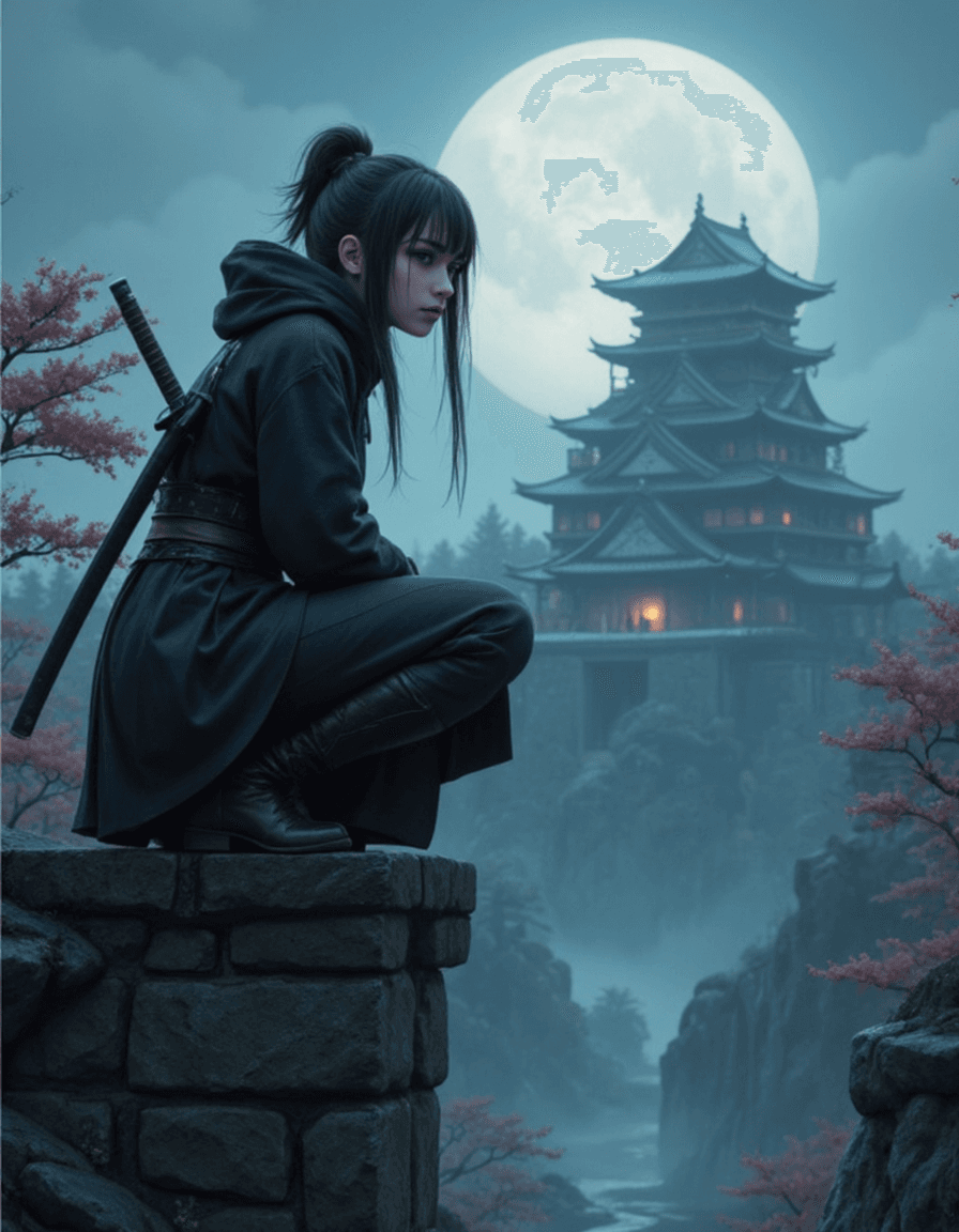 AI generated: a close up digital fantasy artwork featuring female ninja character squatting high on a japanese cas...