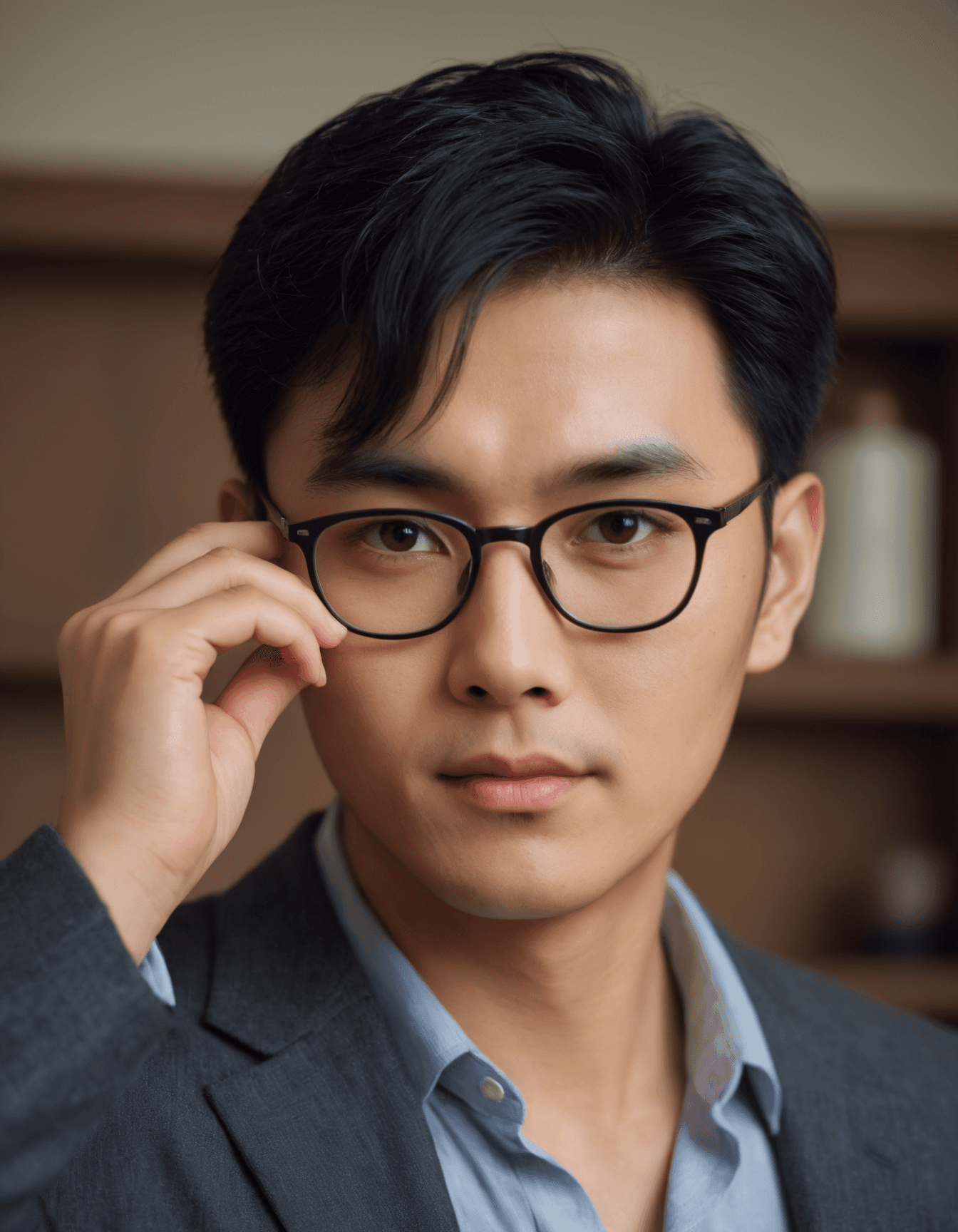 AI generated: realitic ultra photo of a handsome Asian man wearing prescription eyeglasess, smart looking, detaile...