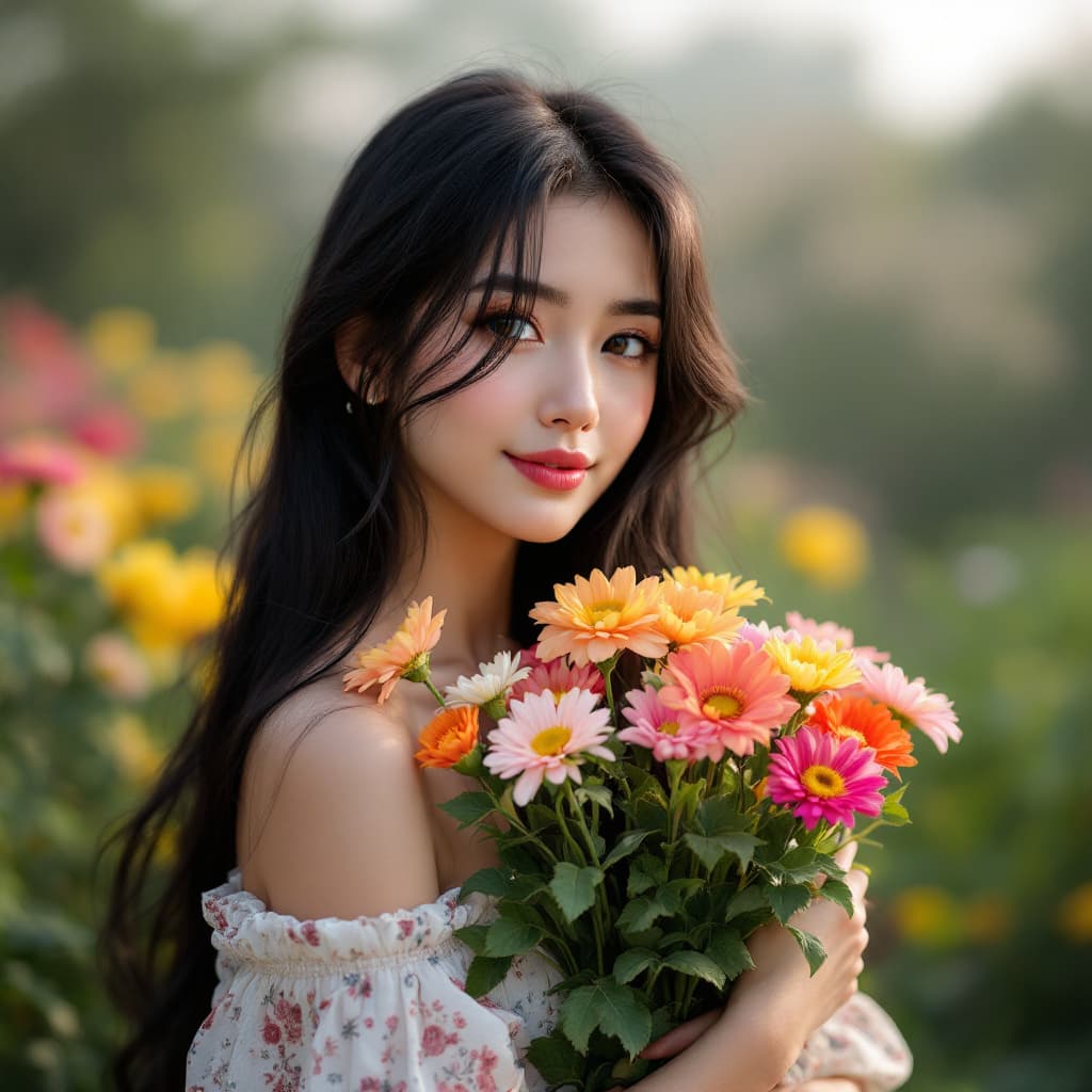 AI generated: A woman with long black hair holding colorful flowers, photorealistic, soft lighting, outdoor garden...