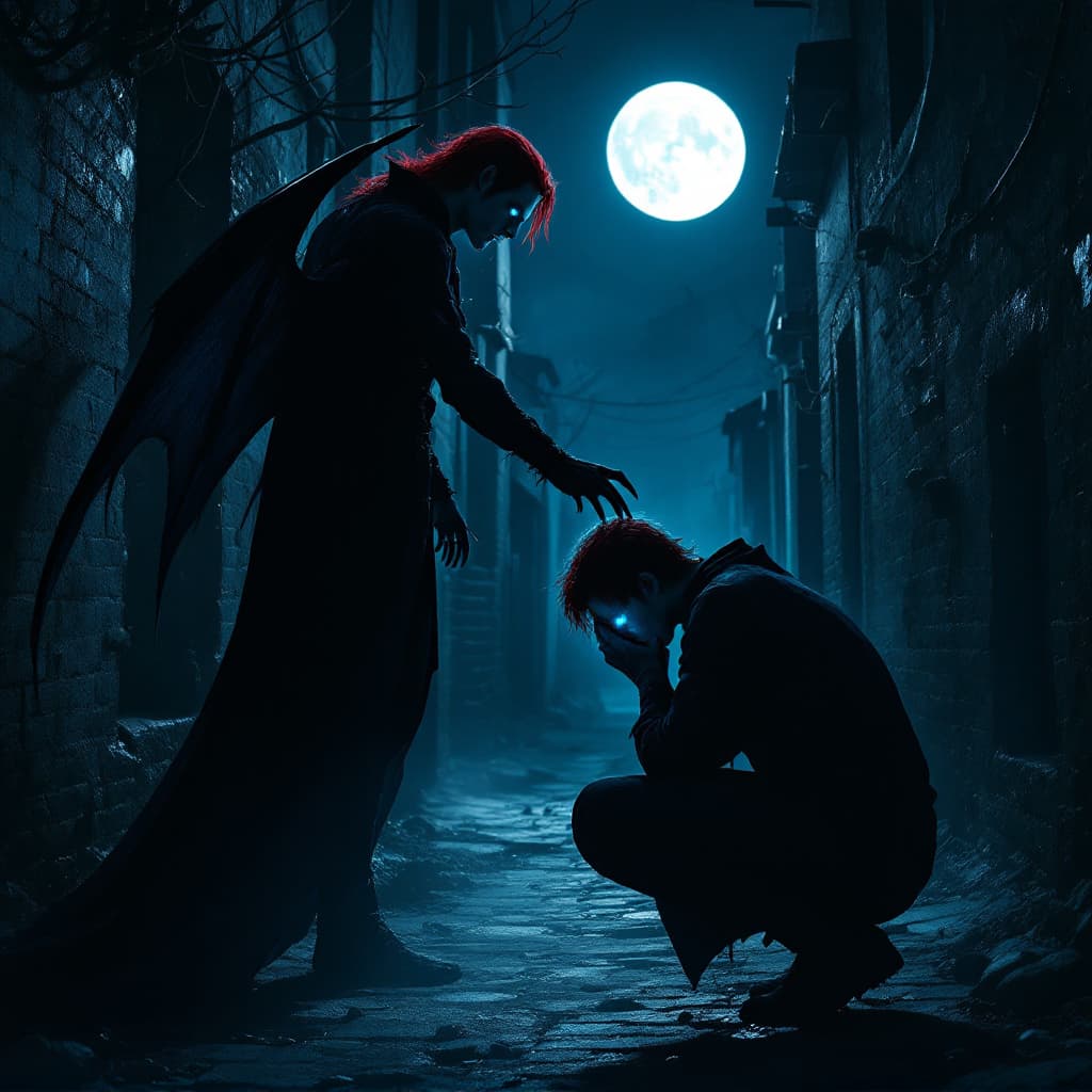 AI generated: The scene takes place in a dark alley, illuminated only by the pale light of the moon. The vampire s...