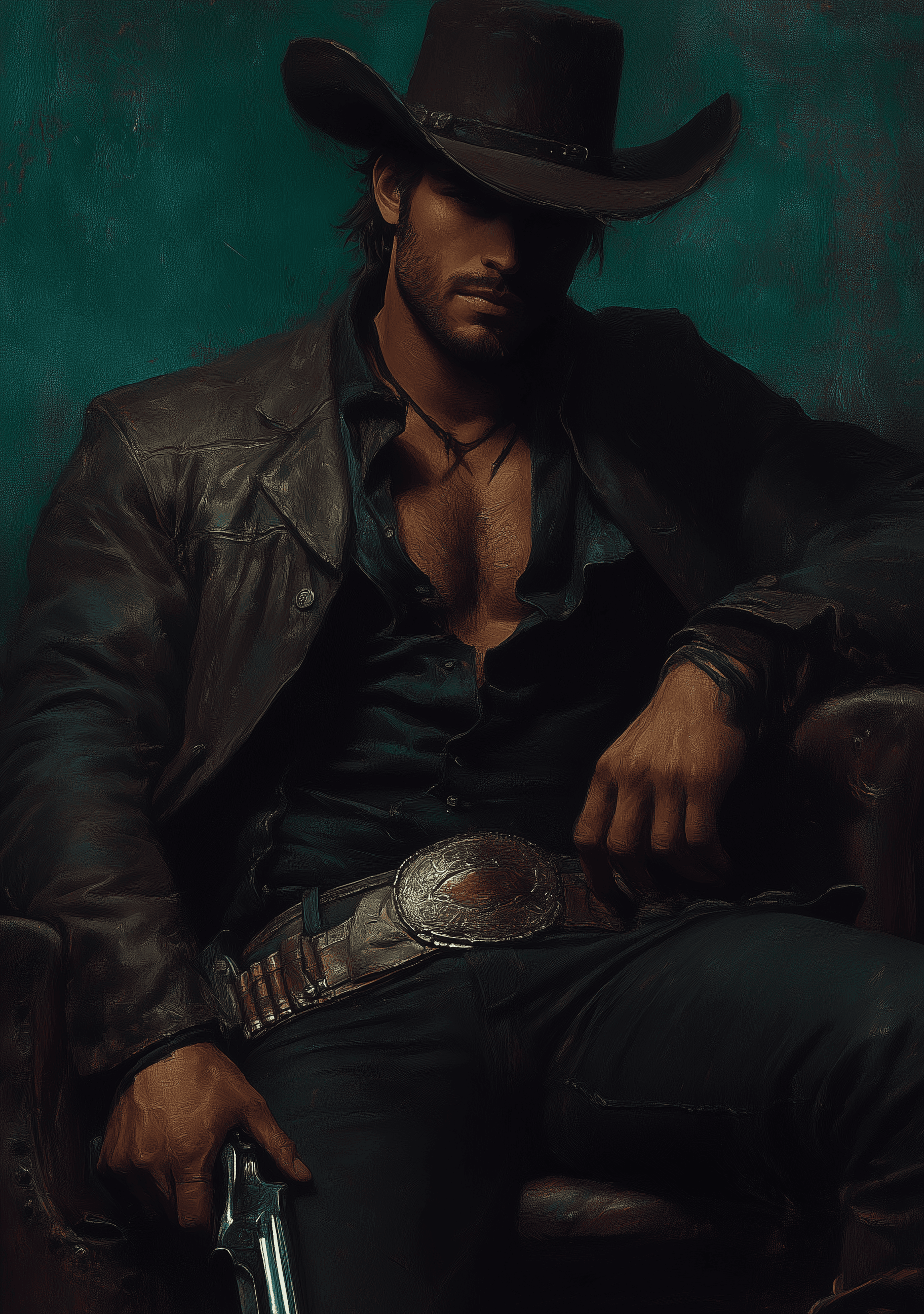 AI generated: A cowboy sitting on the edge of his chair, in the style of Frank Frazetta. Illustration, cover art, ...