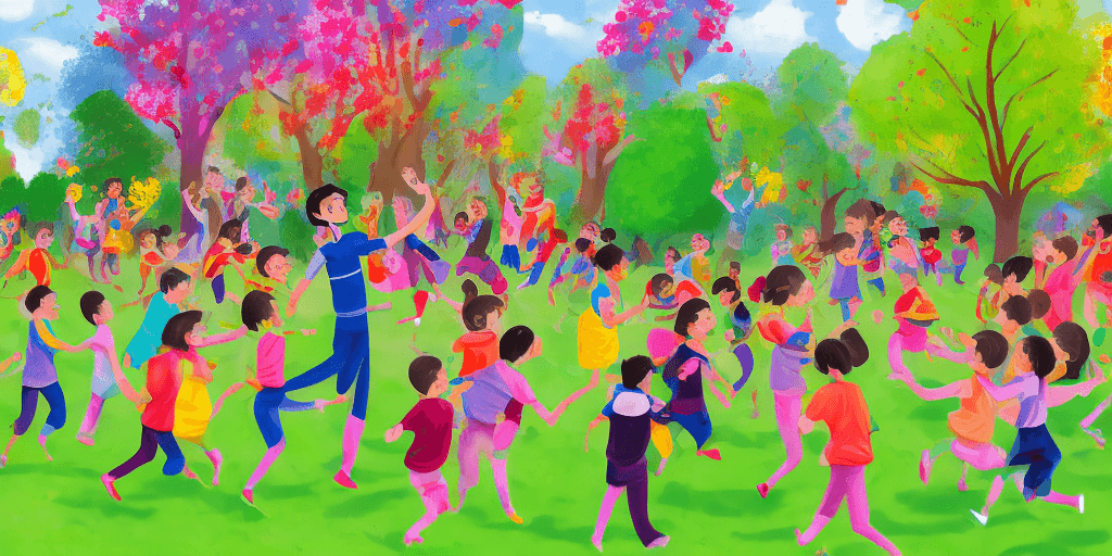 AI generated: A hundred children are joyfully circling around Pavel Durov in a vibrant, lively scene. The backgrou...
