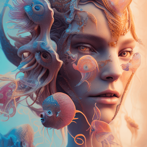 AI generated: Goddess close-up portrait ribcagel. jellyfish phoenix head, nautilus, orchid, skull, betta fish, bio...