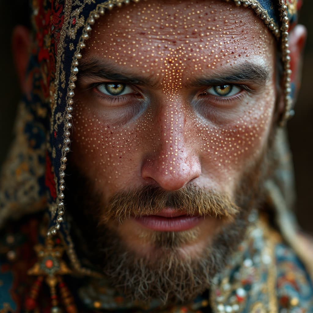 AI generated: the whole face, shoulders and chest are pierced with openwork threads in the style of Seljuk nationa...