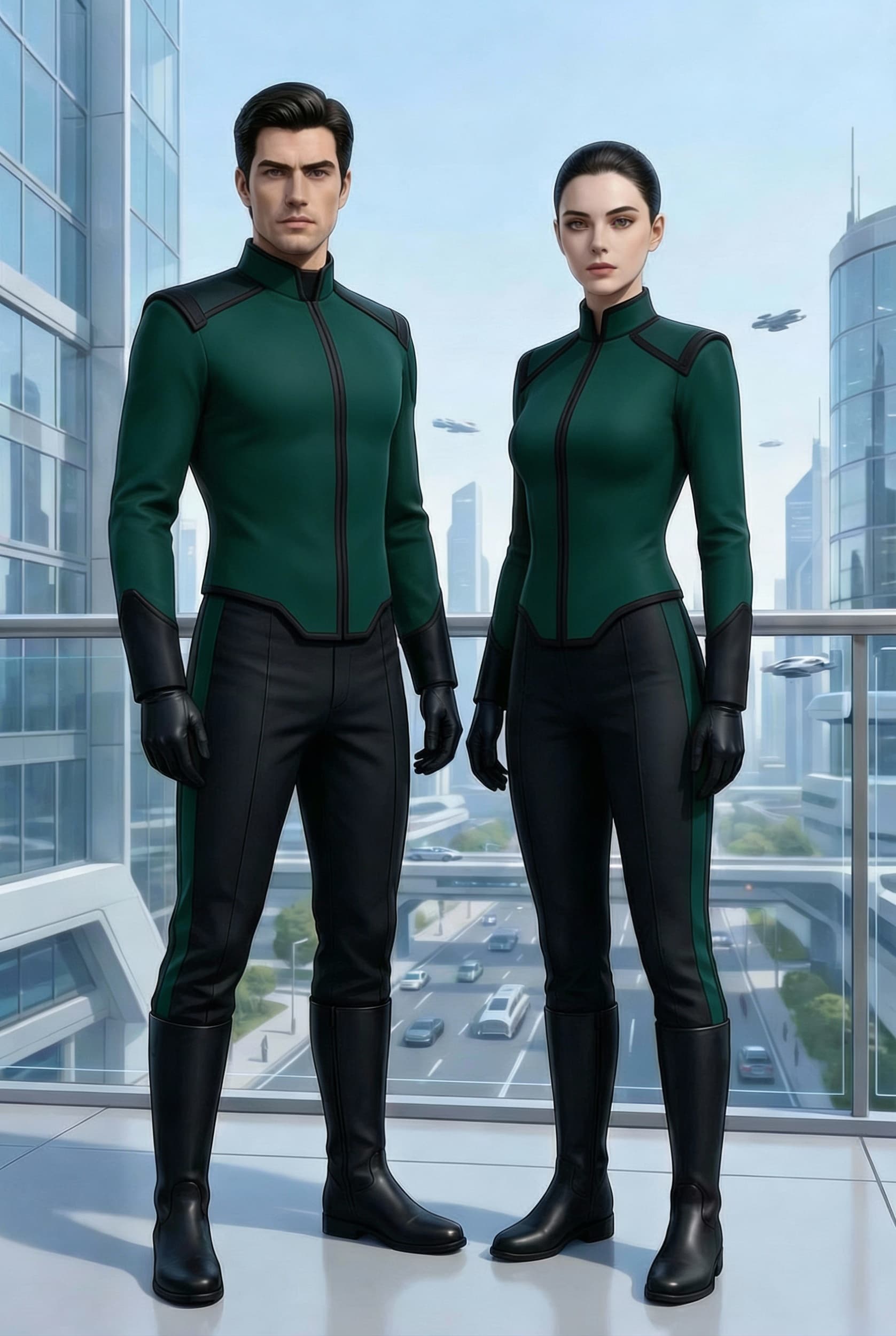 AI generated: Create a Sci-Fi uniform. Use the reference image and turn all red to green. The color of the uniform...