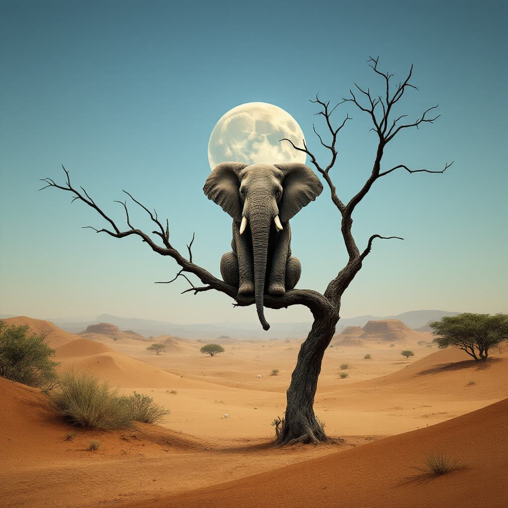 AI generated: A surreal depiction of an elephant, facing away the viewer, sitting on a thin, fragile looking bare ...
