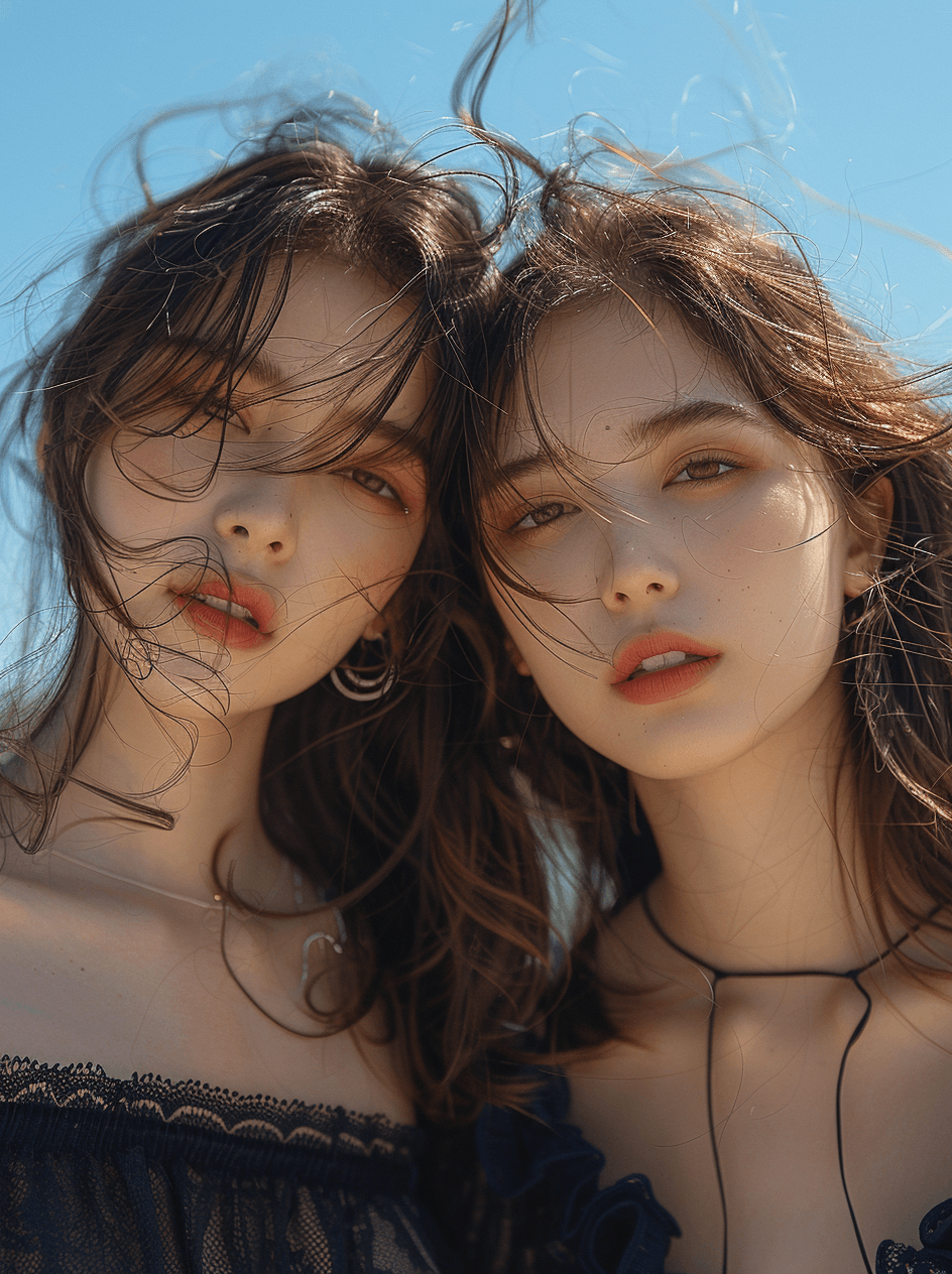 AI generated: two asian girls with long hair, blue sky, in the style of xiaofei yue, dark indigo and light black, ...
